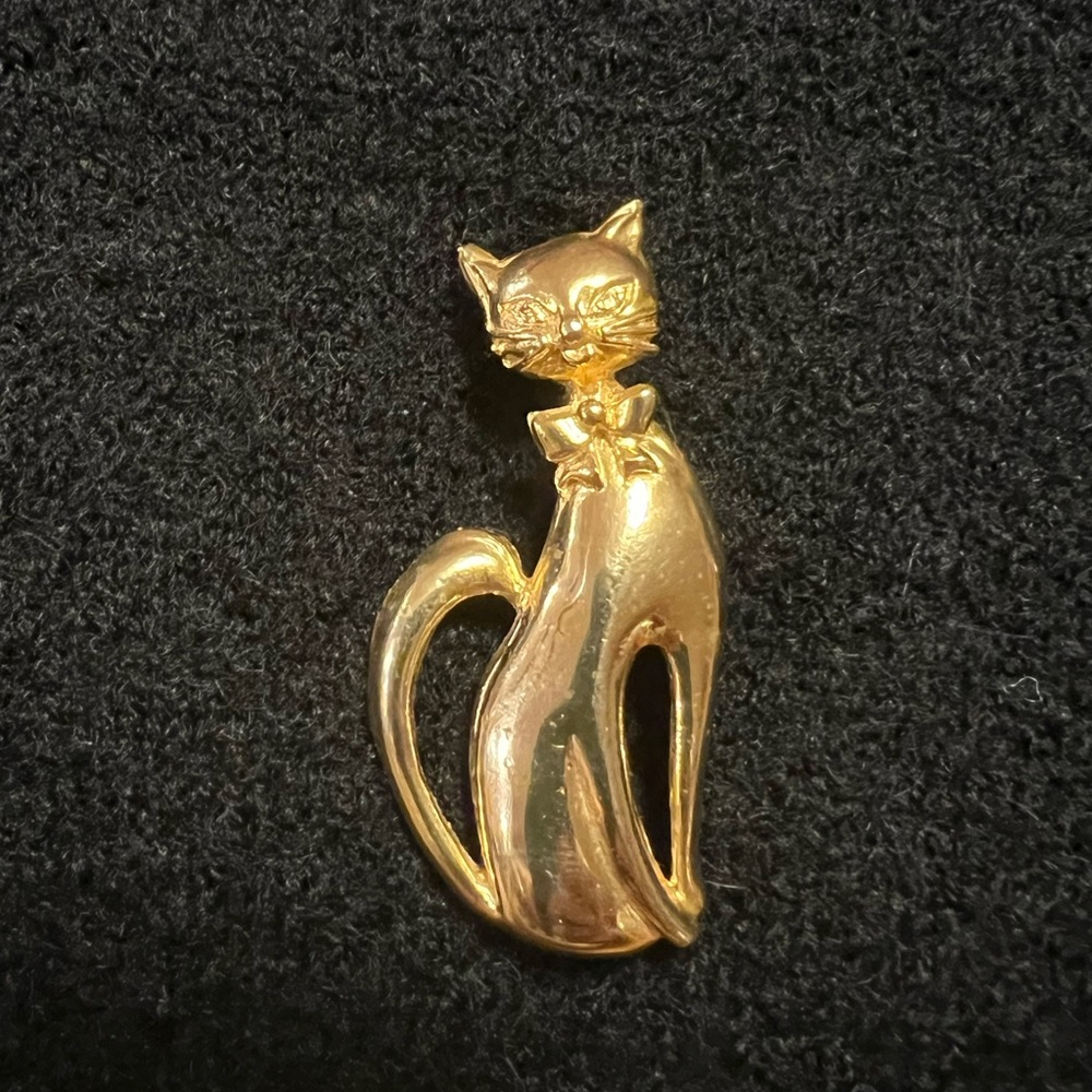 Vintage Siamese Cat with Bow Brooch Pin- Gold Tone - Picture 3 of 5